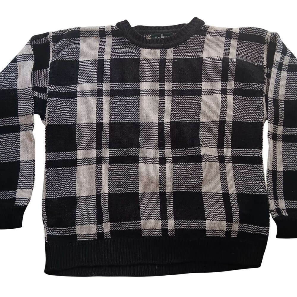 Vintage Large Cotton Sweater 1990's Men's Hunt Club Plaid Black & White Large